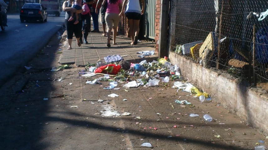 La ciudadanía sanlorenzana debe caminar entre restos malolientes de frutas, moscas, avispas y otras incomodidades.