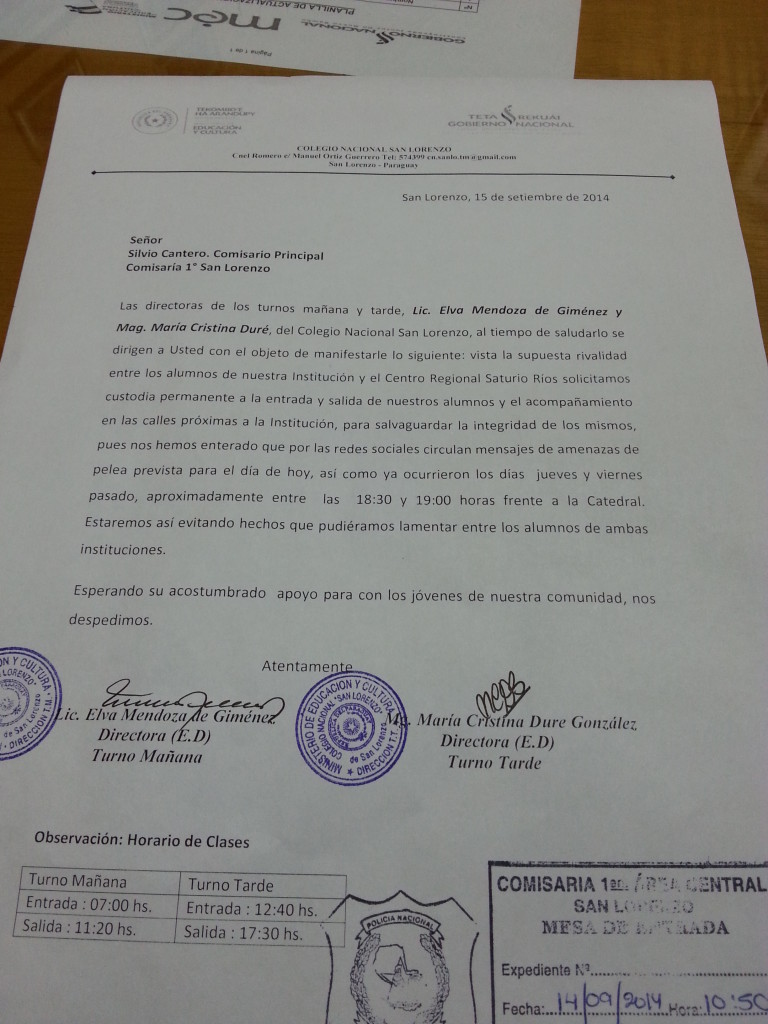 Nota enviada por la dirección del Colegio Nacional San Lorenzo al jefe de la Comisaría de San Lorenzo