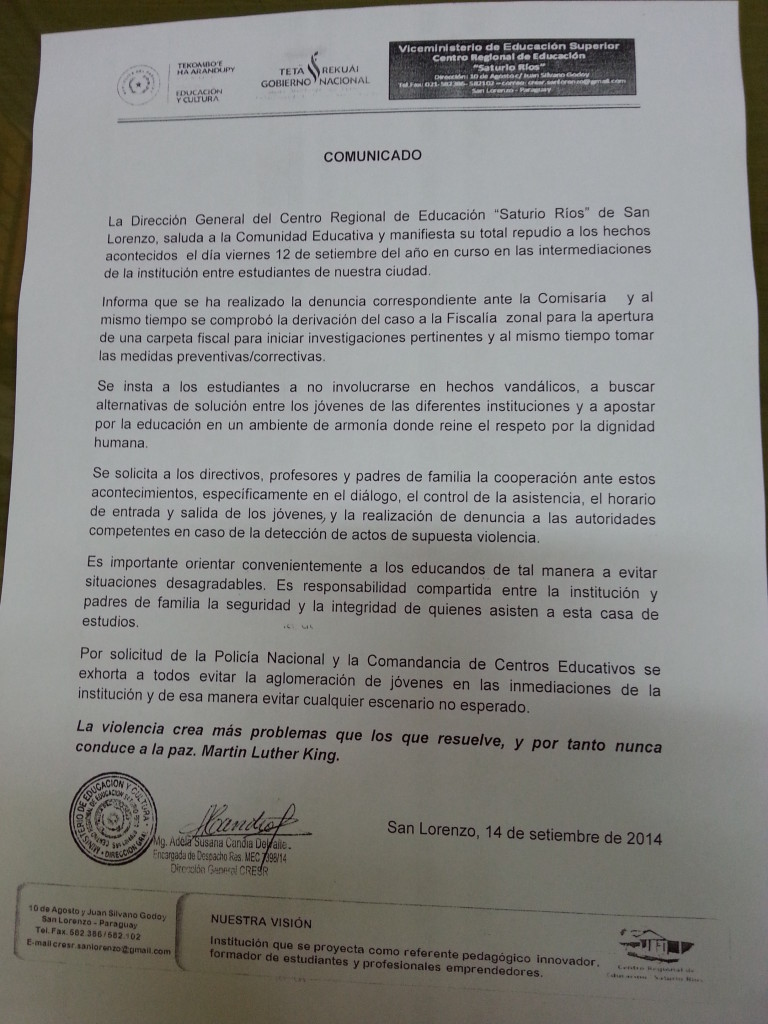 Comunicado emitido por la dirección del CRESR para la comunidad educativa.