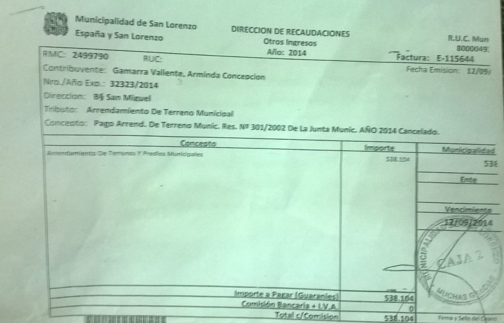 Factura con logo municipal en concepto de arrendamiento. La fecha del pago es la misma del reicbo comun. (Click para agrandar imagen)