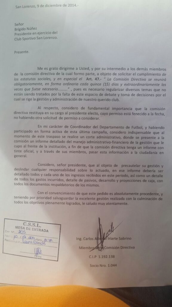 La nota donde Iriarte pide corte administrativo para que tesoreria rinda cuenta exaustivamente de todos los ingresos y gastos que ocacionó la campaña del 2014