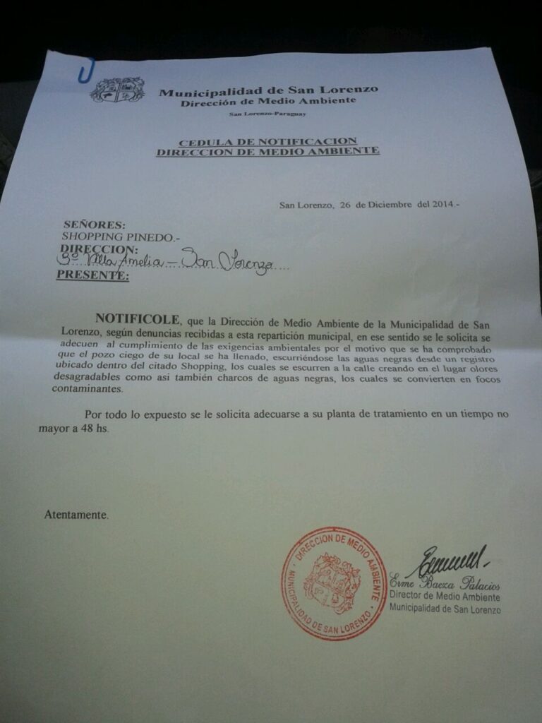 La notificación fue entregada poco antes de las 14:30 horas, según fuente de la dirección de Medio Ambiente municipal. (Click para agrandar imagen)