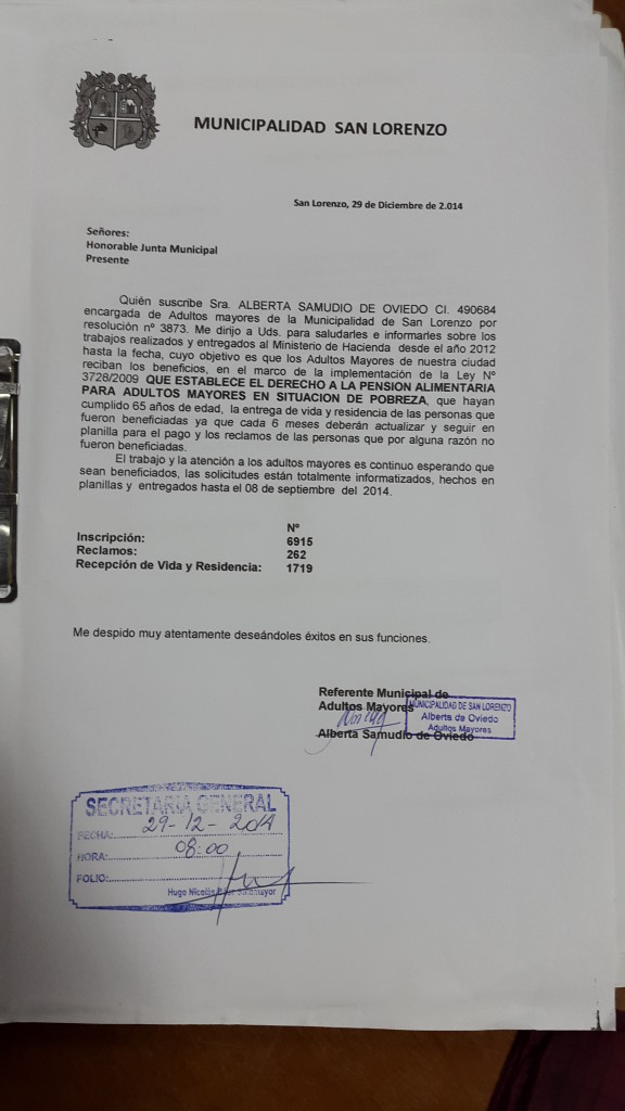 Uno de los últimos informes realizado a la Junta Municipal, por la responsable de adultos mayores de la comuna sanlorenzana