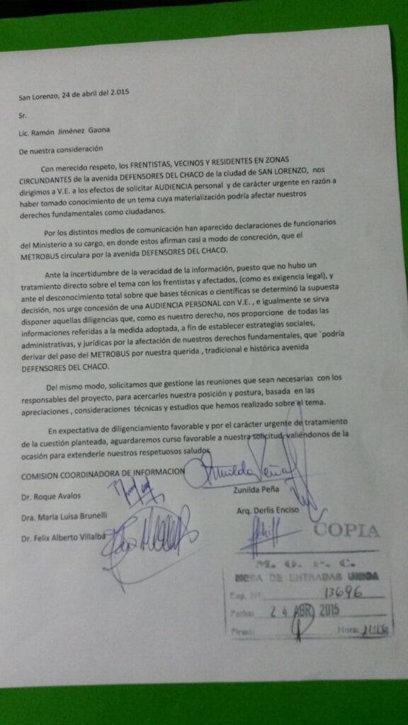 La nota exige al Ministro del MOPC, una pronta respuesta acerca de la posibilidad de que el Metrobus utilice como vía la avda. Defensores del Chaco. (Imagen gentileza Dr. Roque Ávalos)