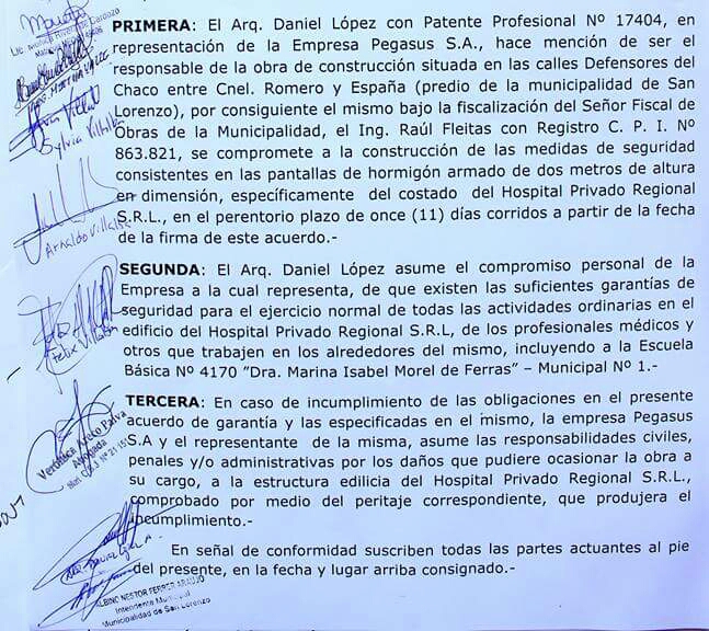 La empresa Pegasus tiene 11 días para que termine de cosntruir una pantalla de hormigon armado que servirá como seguridad al edificio de la clínica privada