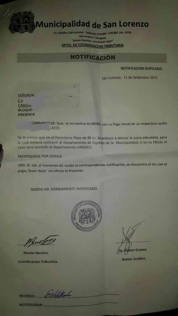 Imagen de notificacion enviada a propietarios de casillas ubicadas legalmente dentro del mercado