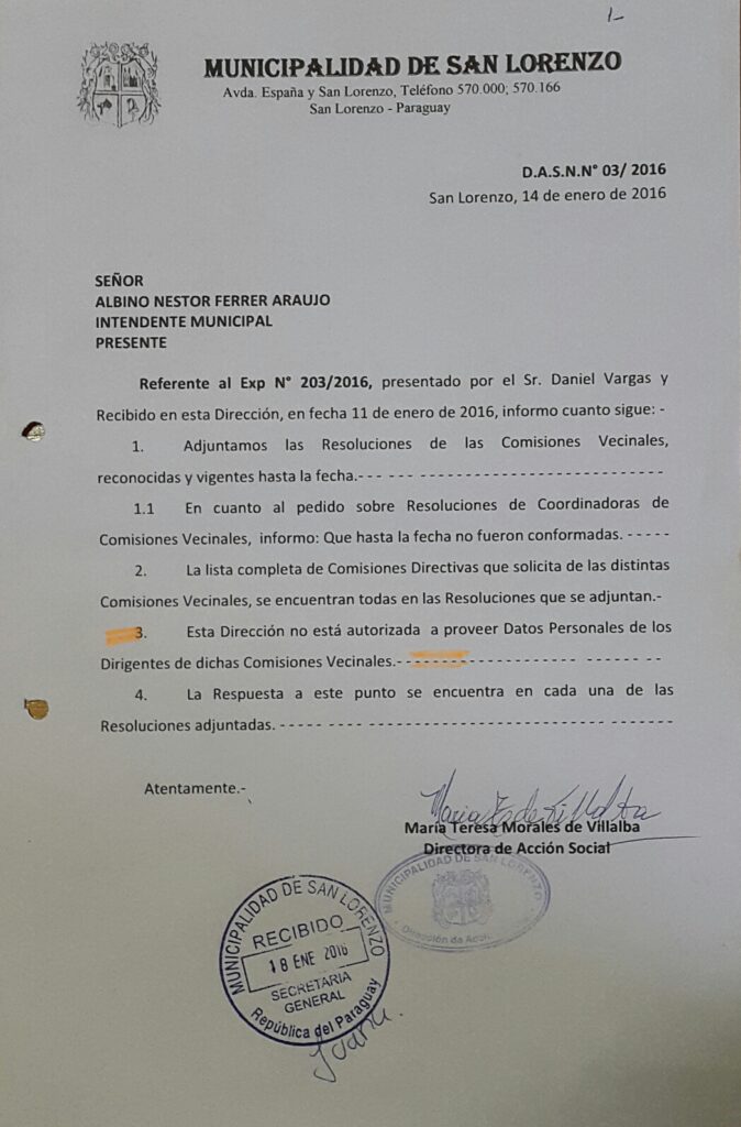 Nota donde Teresa Morales informa al intendente que se ha entregado el pedido de información solicitada por nuestro director.