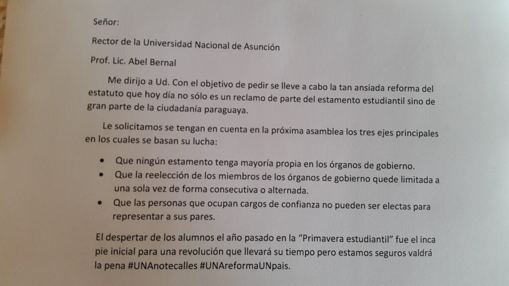 Parte de la nota que irá al rector de la UNA